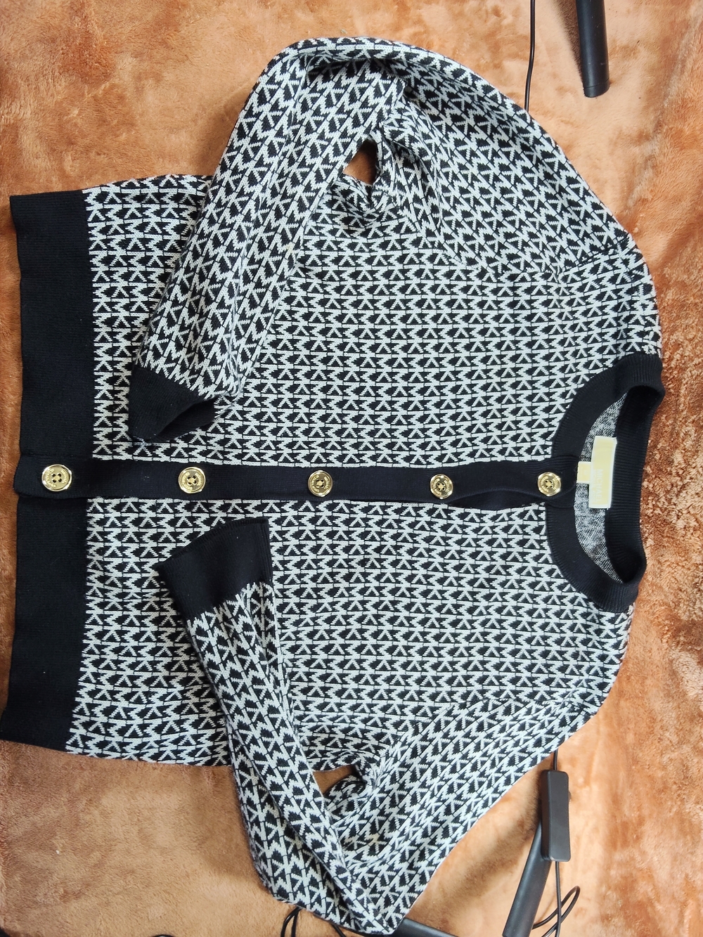 Michael Kors Black and White Knit Cardigan with Gold Buttons